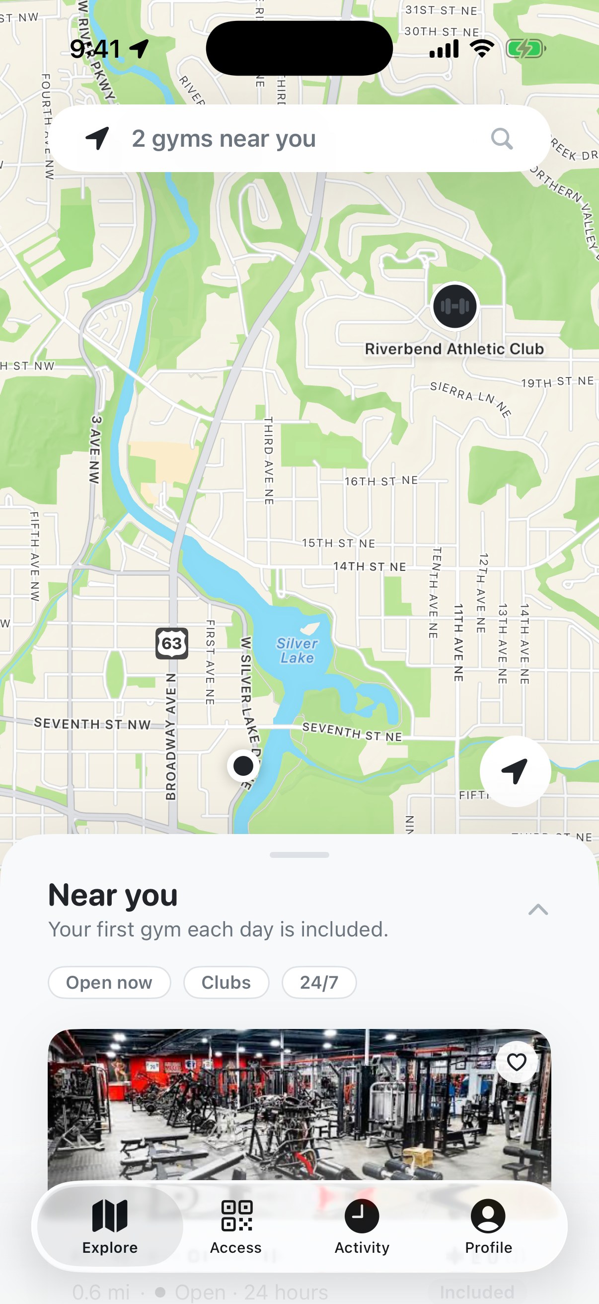 Explore map showing partner gyms across Rochester, MN